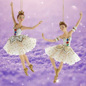 Set of 2 White Gold Ballerina Christmas Tree Ornaments Nutcracker Elegant Decor